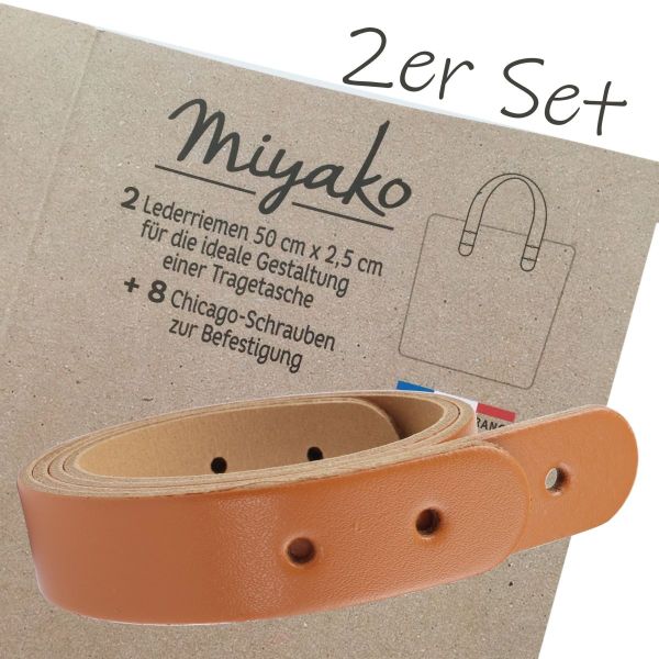 Miyako 2 Taschengriffe aus Leder hellbraun 50x2,5cm + 8 Chicago Schrauben zur Nieten Befestigung