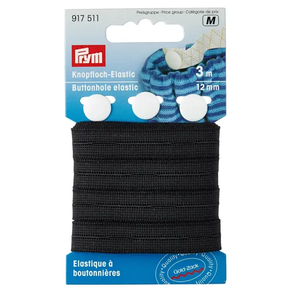 3m Knopfloch Gummiband schwarz 12 mm breit mit 3 Knöpfen