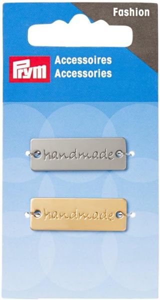 2 edle handmade Aufnäher Label aus Metall in silber und gold