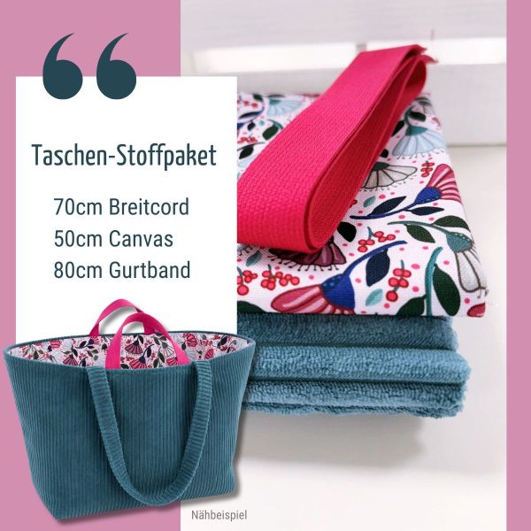 Taschen-Stoffpaket petrol – Breitcord, Blumen Baumwollstoff & Gurtband pink