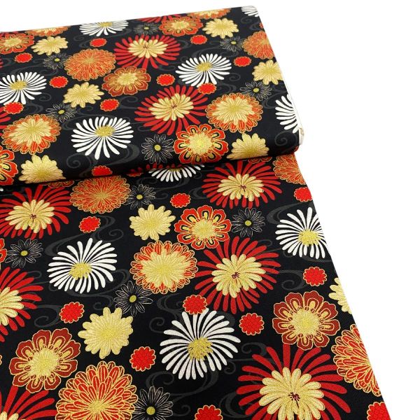 Baumwolle Asia Blüten schwarz rot gold - Lewis & Irene black and red