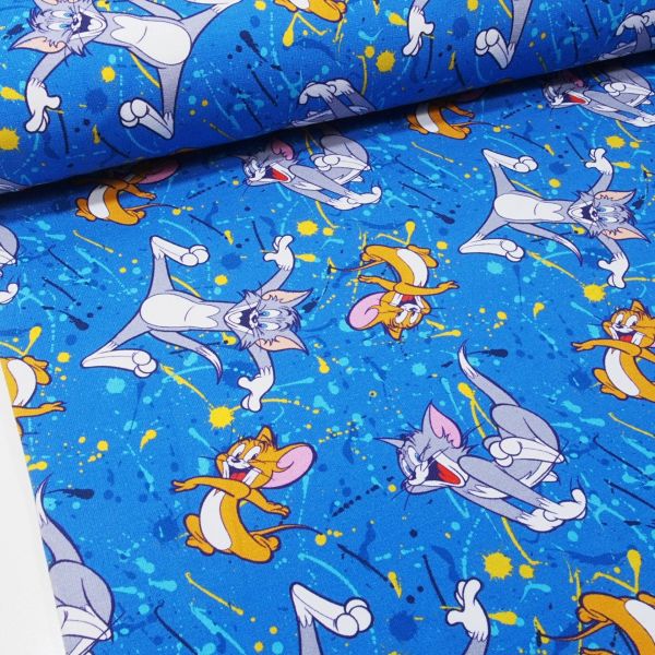 Soft Sweat Tom & Jerry auf Jagd - leicht angerauhter French Terry mit Katze und Maus blau