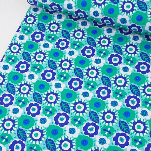 Bio Jersey kleine Blüten grün petrol blau – a little joy von bora für Lillestoff Magazin