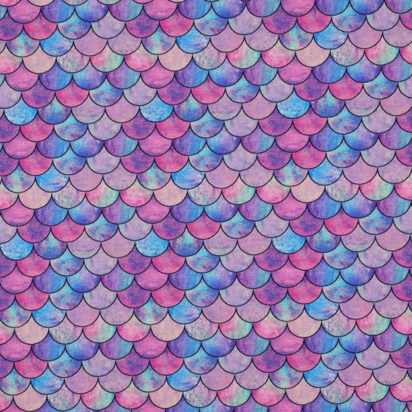 Baumwolljersey Mermaid Vibes – Bunte Schuppen in Pink, Blau & Lila