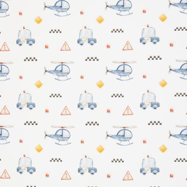 Jersey Polizei Autos Hubscharuber weiß blau – Baumwolljersey Serie Samern by Swafing