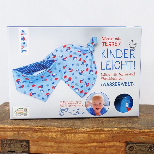 Näh eine Baby Mütze und Wendehalstuch • Wasserwelt maritim • DIY Nähset Gr. 32-52