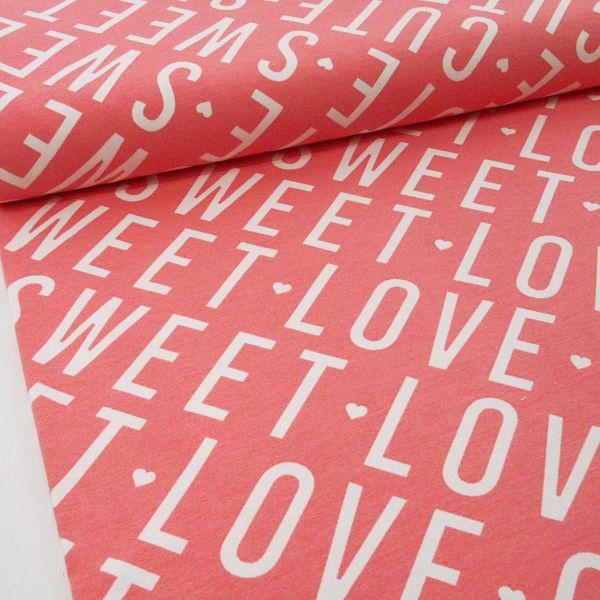 Sweat Cute Love Sweet Herzen lachs rosa– French Terry Schrift by Ilja Fabrics