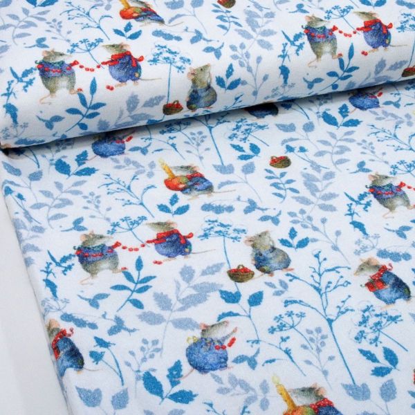 Acufactum Jersey Mauseblau - kleine Winter Mäuse blau bunt - Baumwoll Interlock Jersey