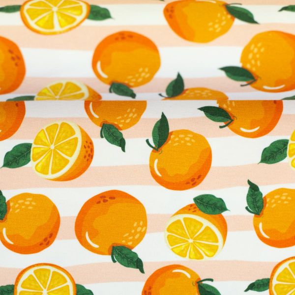 Jersey mit Streifen in apricot und leckeren Orangen – frisches Obst aus der Serie Melody von Swafing