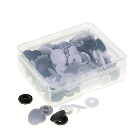 30 Kam Snaps im Farbmix schwarz weiß grau – bunte Plastik Druckknöpfe Ø 12,4 mm mit Box