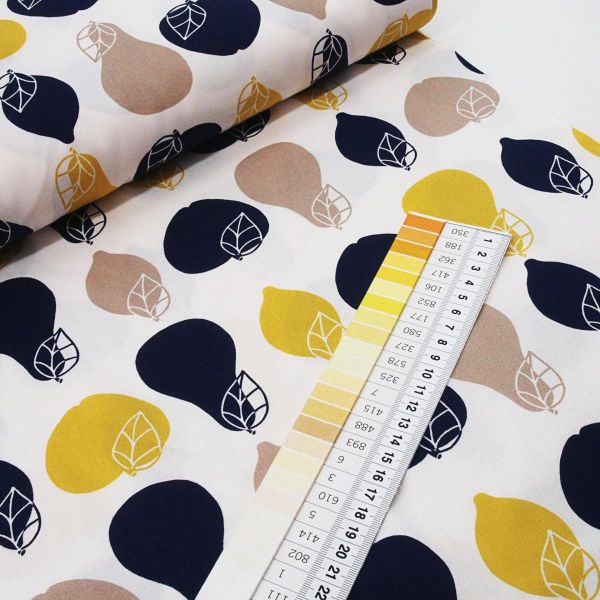 Baumwolle Früchte Apfel Birne Zitrone gelb violett Retro von Westfalenstoffe Living