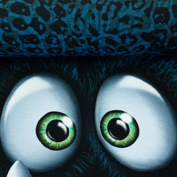 French Terry Monster petrol blau - Serie Monstal by Thorsten Berger - 85cm Panel