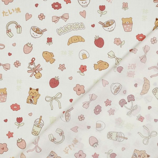 Baumwollpopeline Matcha & Karos – Japan Kawaii Motive auf Cremeweiß – leichte Baumwollwebware