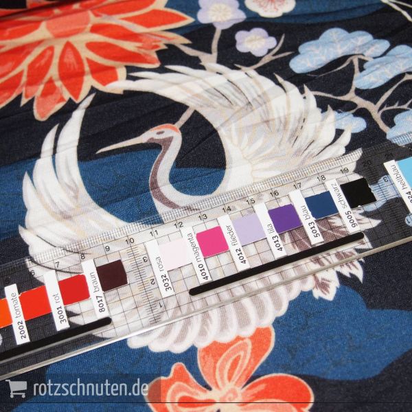 Viscose Jersey CRANE – Kranich Blüten Japan schwarz blau coral