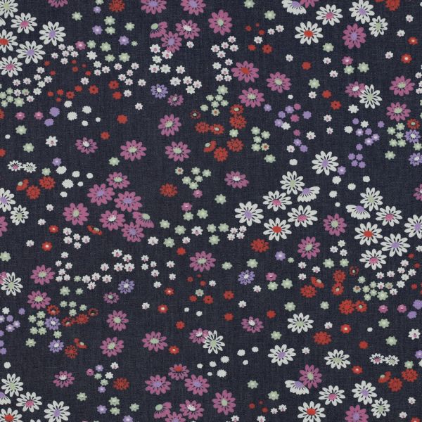 Baumwolle im Jeans Look blau mit kleinen Blüten