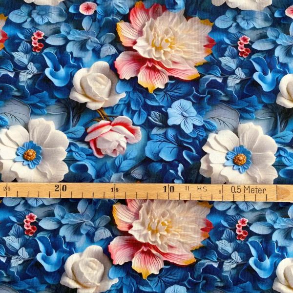 Viskose Jersey knitterfrei mit 3D Druck Blüten blau - Sarah 3D Kollektion