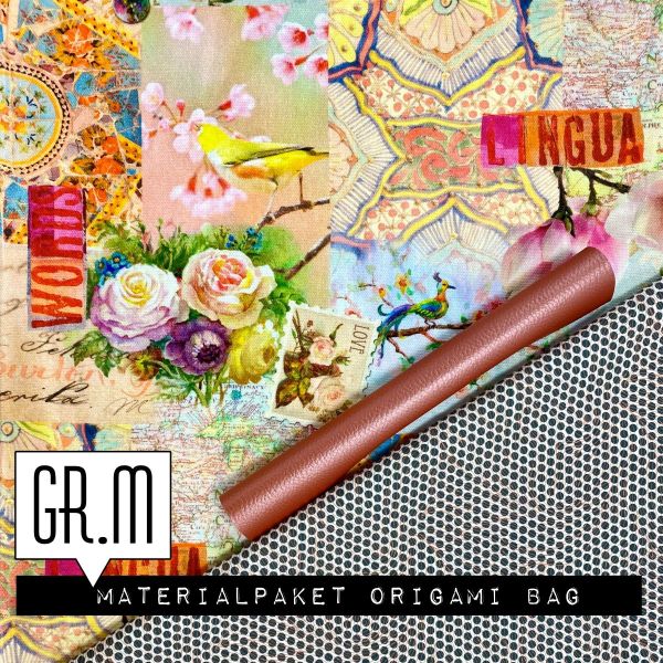 Materialpaket für eine Origami Bag Gr. M (Midi) - Vintage Collage bunt Punkte rosegold - Geschenkset