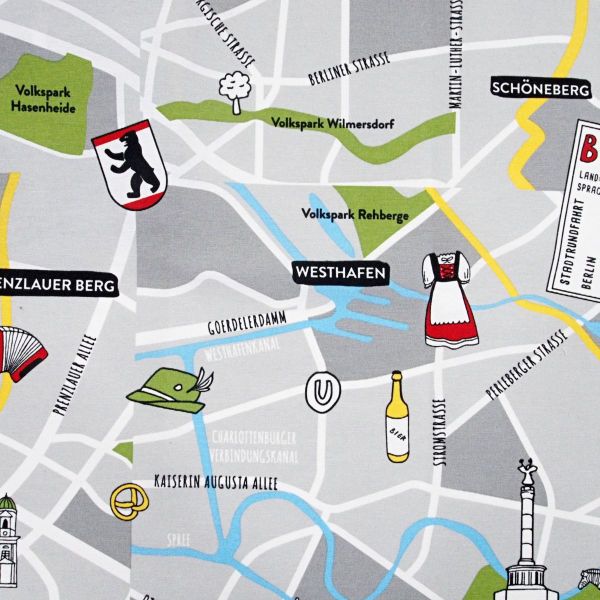 Dekostoff Berlin grau mit Sehenswürdigkeiten – Ottoman Premium Taschenstoff