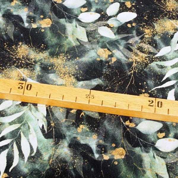 Deko Canvas Eukalyptus Schwarz Goldgrün - Baumwolle 140cm - FJV 3110