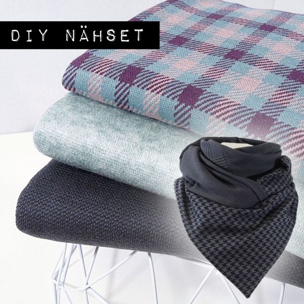 3 Stoffzuschnitte für ein Maxi Dreieckstuch aus Strick karo beere mint grau • Maxituch mit Twist