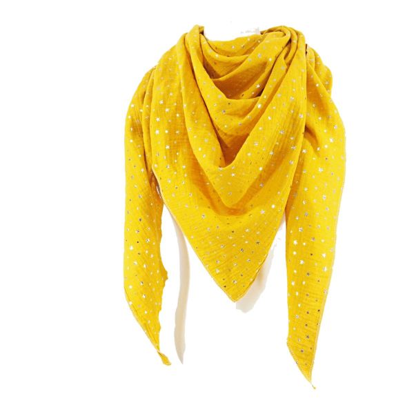 Näh dir ein Dreieckstuch Musselin senf Sterne silber • Maxituch & Poncho • mit Garn + Label