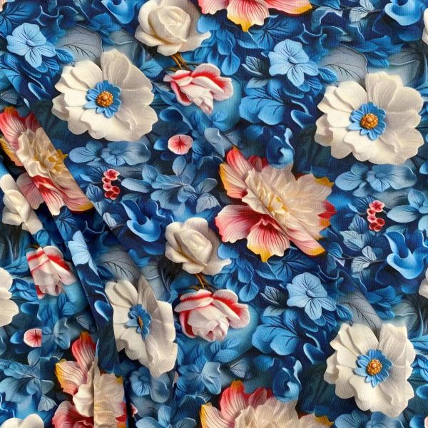 Viskose Jersey knitterfrei mit 3D Druck Blüten blau - Sarah 3D Kollektion