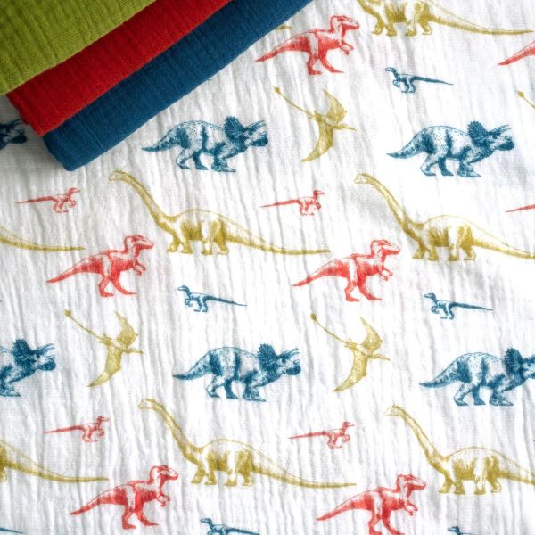 Baumwolle Musselin Dinos weiß blau grün rot – Double Gauze Thea by Swafing