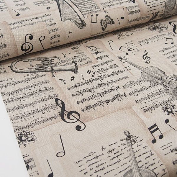 Dekostoff Noten Instrumente Leinen Optik beige – Linenlook Half Panama Premium Taschenstoff
