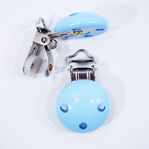 Schnullerketten Clip Holz hellblau - für Nuckel und Kinderwagenketten & Hosenträger
