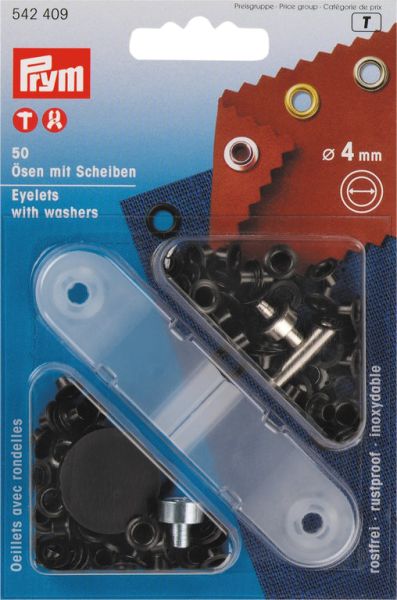50 Ösen mit Scheiben 4mm schwarz brüniert - mit Werkzeug