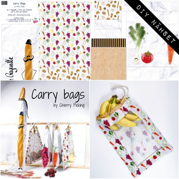 Baumwollstoff Carry Bags von Cherry Picking Brot und Obstbeutel - Panel 95x145cm