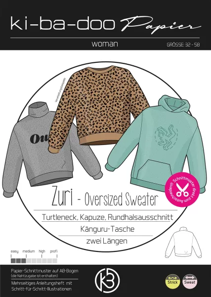Schnittmuster Sweater Zuri von KiBaDoo - oversized Cropped Hoodie in 2 Längen