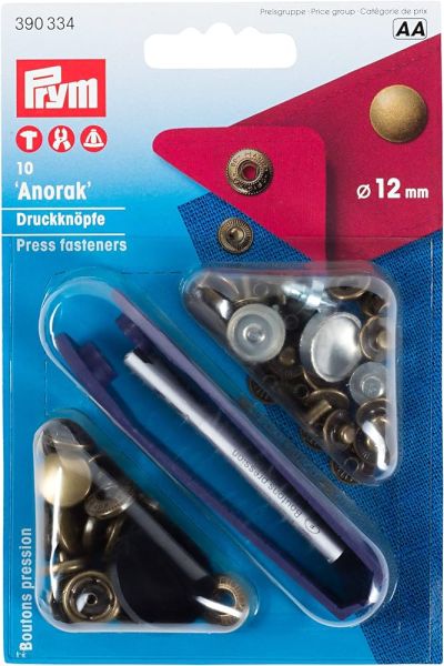 10 Anorak Druckknöpfe PRYM – 12mm altmessing mit Werkzeug