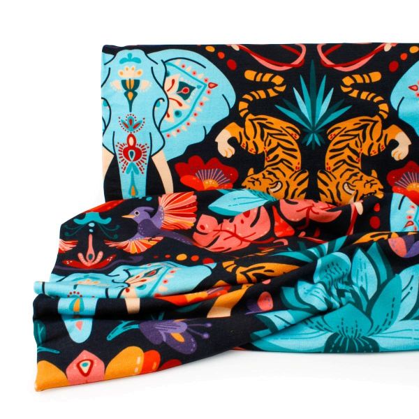 Modal Sweat Elefanten Tiger Blüten bunt - French Terry Design Kanani by Käselotti von Swafing