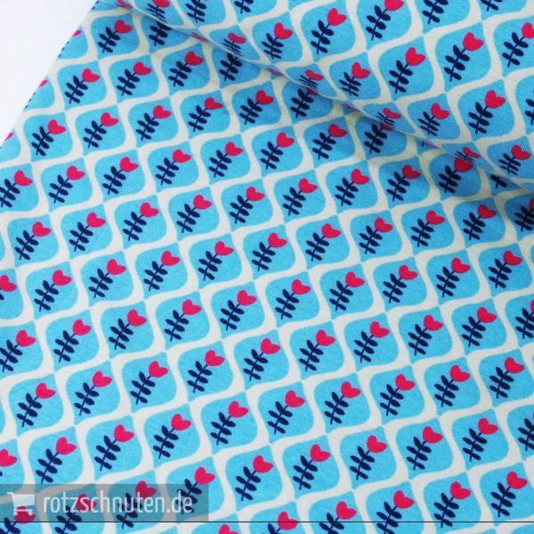 Baumwolljersey PFERDELIEBE Blüten Kombi hellblau pink – Evelyn Lisi Design