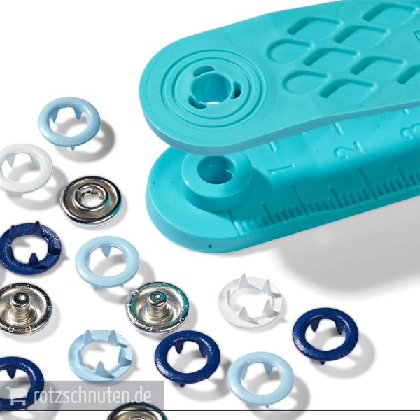21 Jersey Druckknöpfe PRYM LOVE – 8mm hellblau marine weiß mit Werkzeug Metall Druckknopf