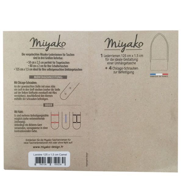 Miyako langer Taschengriff aus Leder braun 125x1,5cm + 4 Chicago Schrauben zur Nieten Befestigung