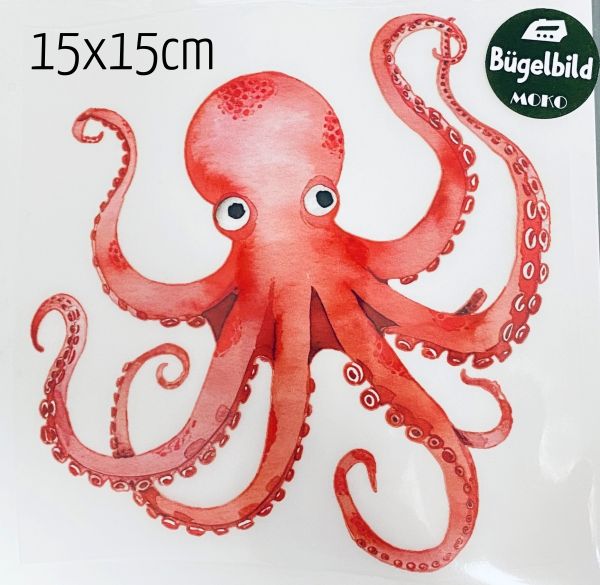 Bügelbild großer Oktopus Tintenfisch rot orange 15x15cm