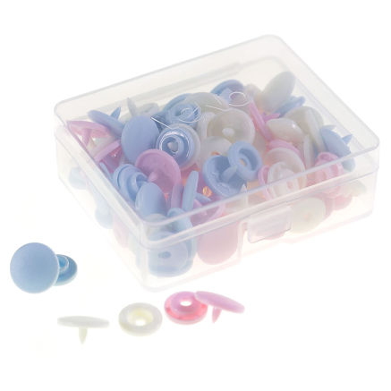 30 Kam Snaps im Farbmix pastell rosa hellblau creme – bunte Plastik Druckknöpfe Ø 12,4 mm mit Box