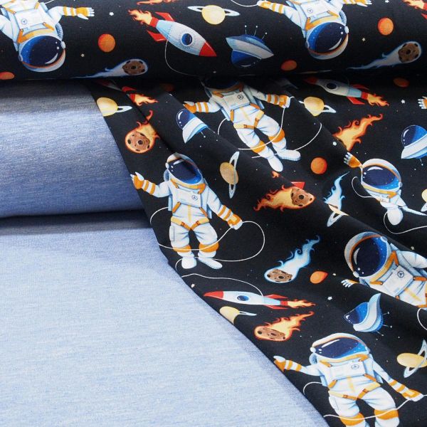 Kinderstoff - Schwarzer Baumwolljersey mit Weltraummotiven für Abenteurer