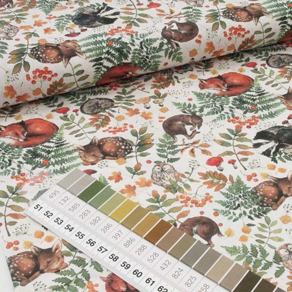 acufactum Schlafende Tiere - Baumwolle mit Hase Reh Dachs Fuchs Eule Igel Laub & Pilzen