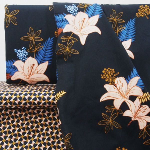 Bio Jersey Rauten Muster dunkelblau senf – Lillestoff Midnight Flower Kombi by enemenemeins