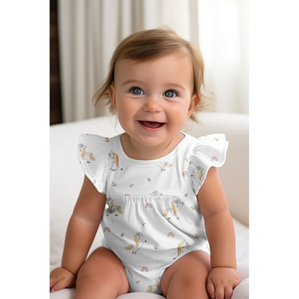 Bio Baumwolljersey weiß – kleine Einhörner mit Regenbogenmähne, Blümchen & Schmetterlingen