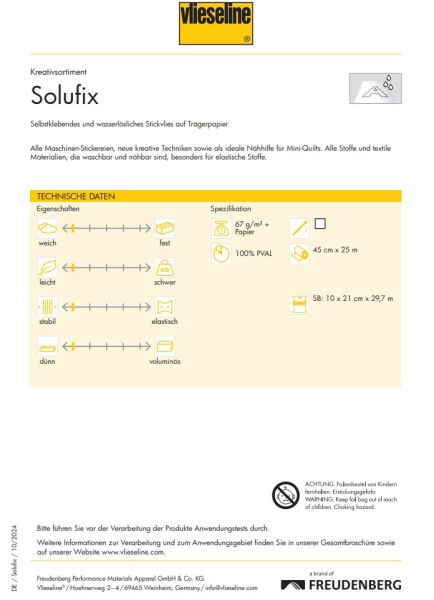 Vlieseline SOLUFIX Soluvlies - 10 Bögen A4 – wasserlösliches selbstklebendes Stickvlies (SB)