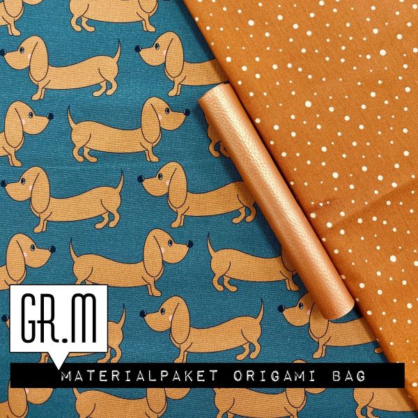 Materialpaket für eine Origami Bag Gr. M (Midi) - Dackel Hund Punkte kupfer - Geschenkset