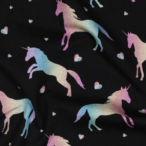 Baumwolljersey schwarz mit regenbogen bunten Einhörnern & kleinen Herzen