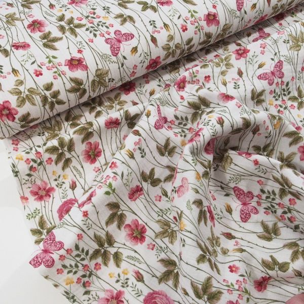 Baumwolle Musselin Rosen Blüten Schmetterlinge pink oliv grün