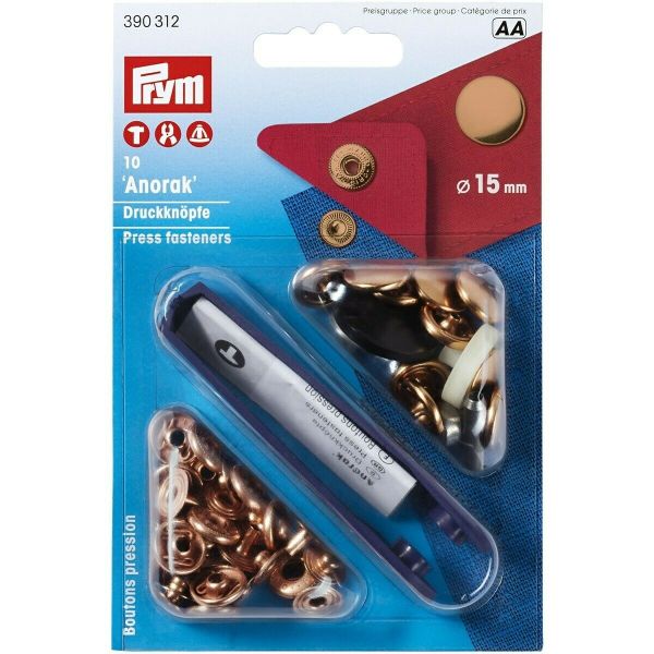 10 Anorak Druckknöpfe PRYM – 15mm kupfer rosegold mit Werkzeug