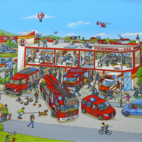 Jersey Wimmelbuch Wimmelbild Feuerwehr Kinderstoff - 55cm Panel