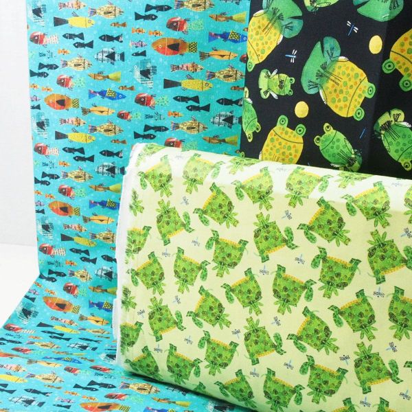 Baumwolle kleine Fische Patchwork Style petrol türkis - Frogtastic multi fish turquoise